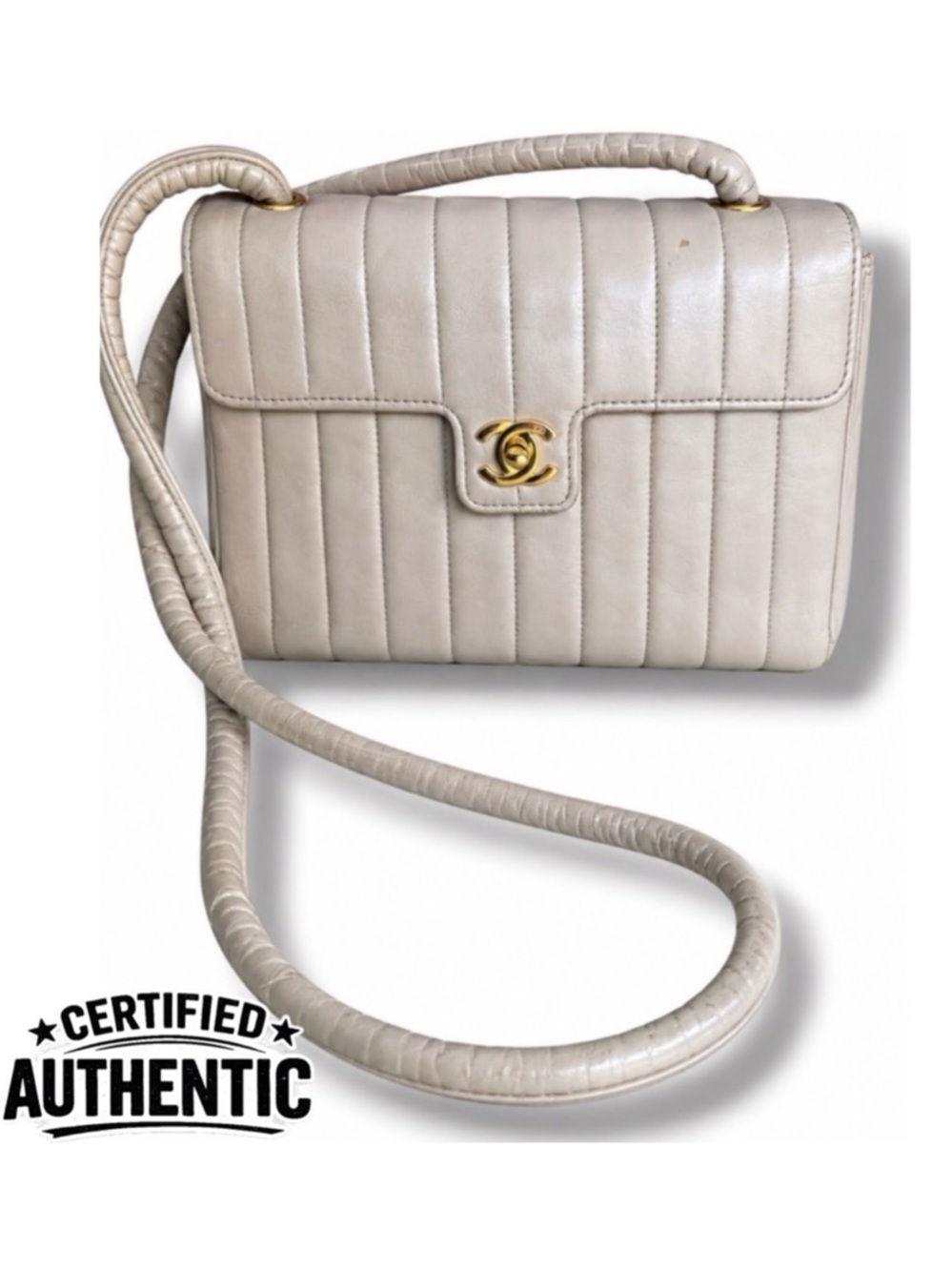 CHANEL Mademoiselle Vertical Quilt Flap Beige Lambskin 24K Gold HW VTG 1991-1994
